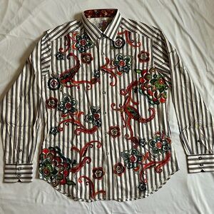 Robert Graham Black and White Striped Shirt with Red Floral Embroidery